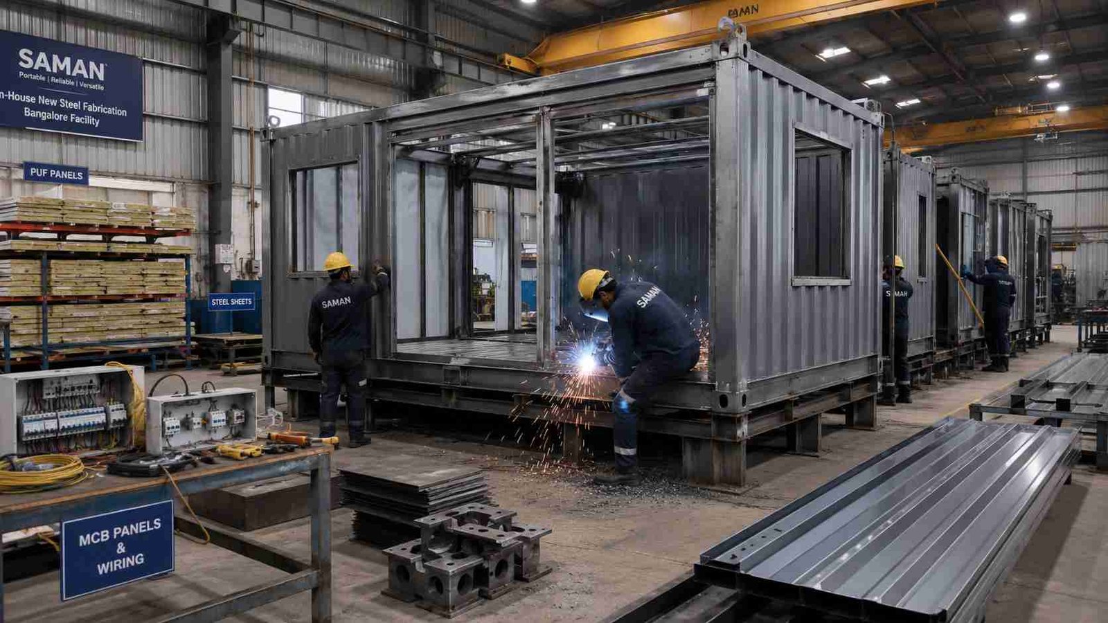 Workers welding a steel grey container office shell inside SAMAN's Bangalore fabrication facility.