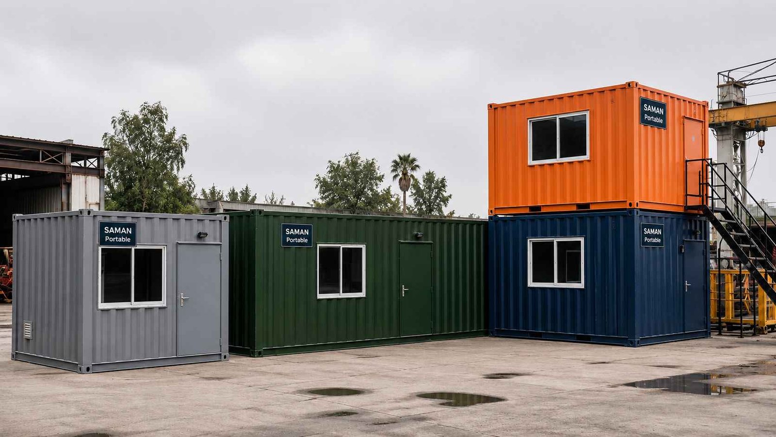 A row of 20ft and 40ft container offices in steel grey, green and orange showing SAMAN's range.
