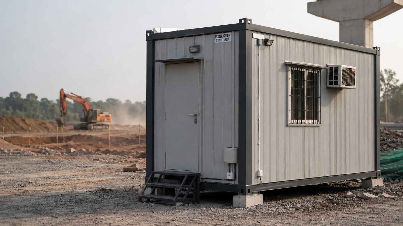 Pearl grey porta cabin deployed as a site office on an active infrastructure project, step and AC fitted. 