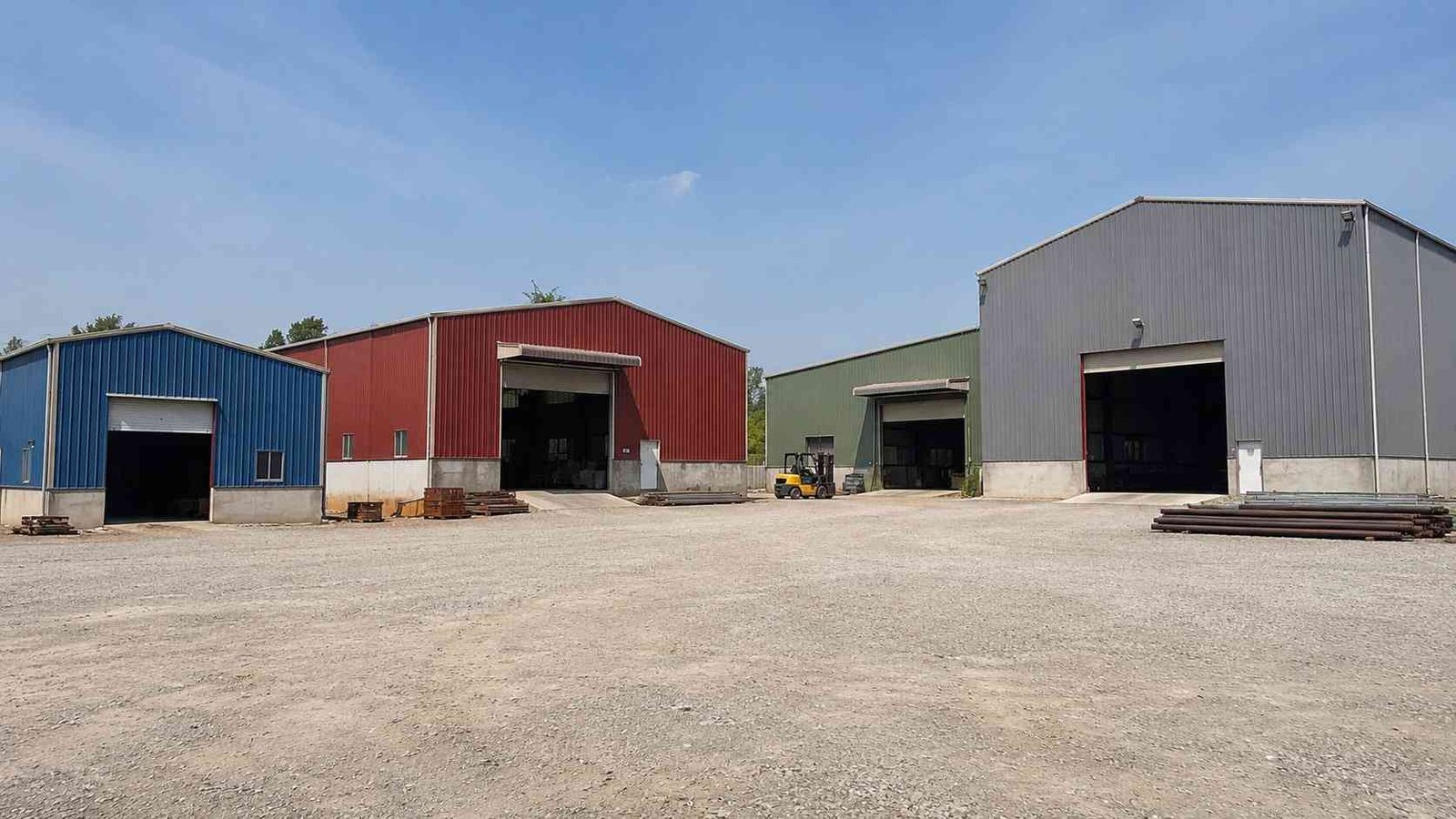 Several steel sheds of different sizes and colours lined up on a manufacturer yard in India.
