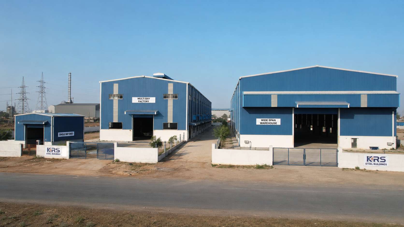 Three Steel Blue PEB buildings of increasing span showing SAMAN's range of build tiers.