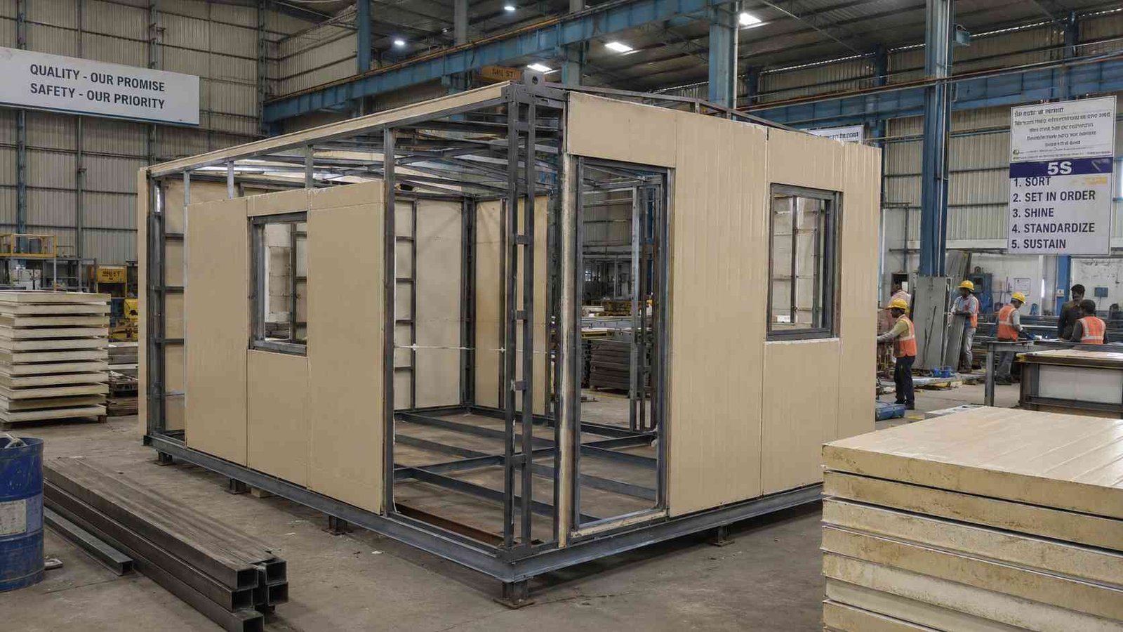 Beige portable cabin under assembly with PUF panels and a mild-steel frame inside SAMAN's manufacturing facility.