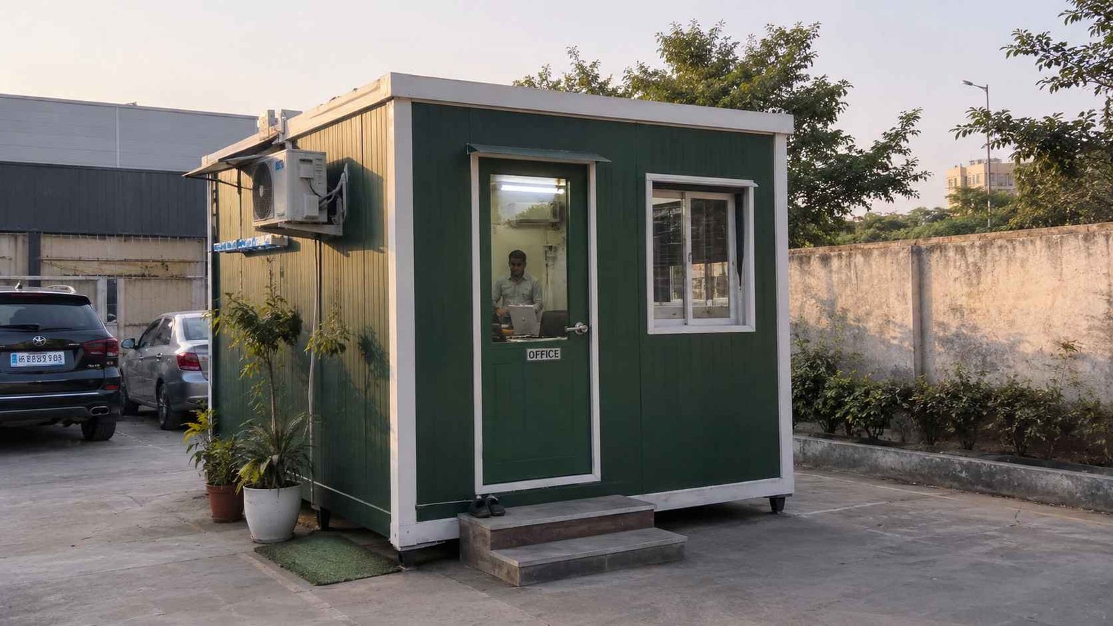 Forest Green portable cabin in use as an office inside an Indian business compound with an AC unit fitted.