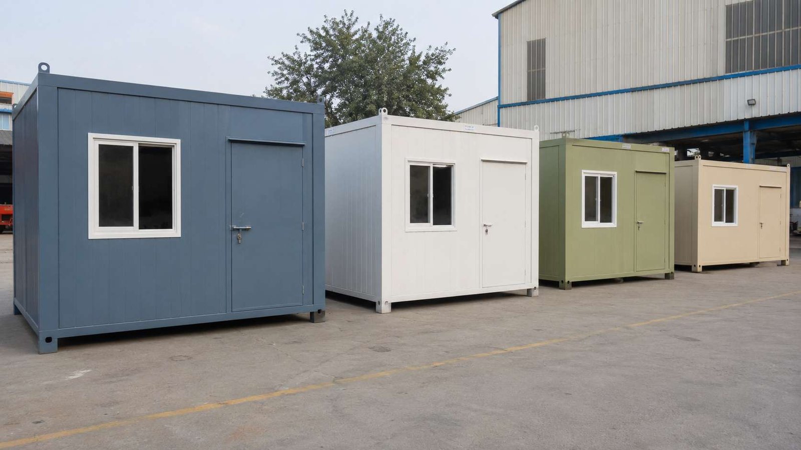 Range of SAMAN portable cabins in Steel Blue, white, green and beige lined up at the factory yard.