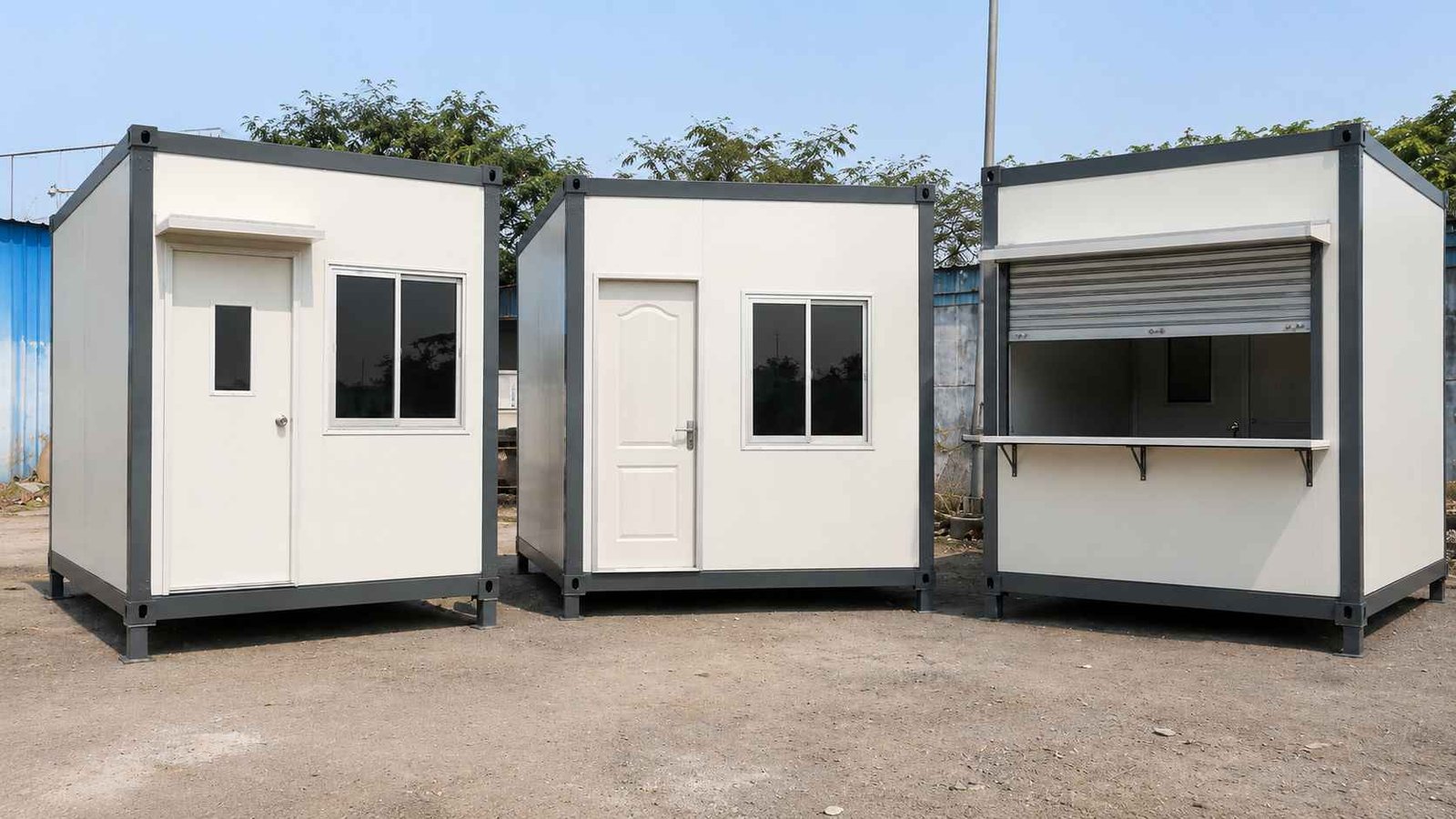Three portable cabin types — a white office cabin, a compact unit and a shopfront cabin — side by side.