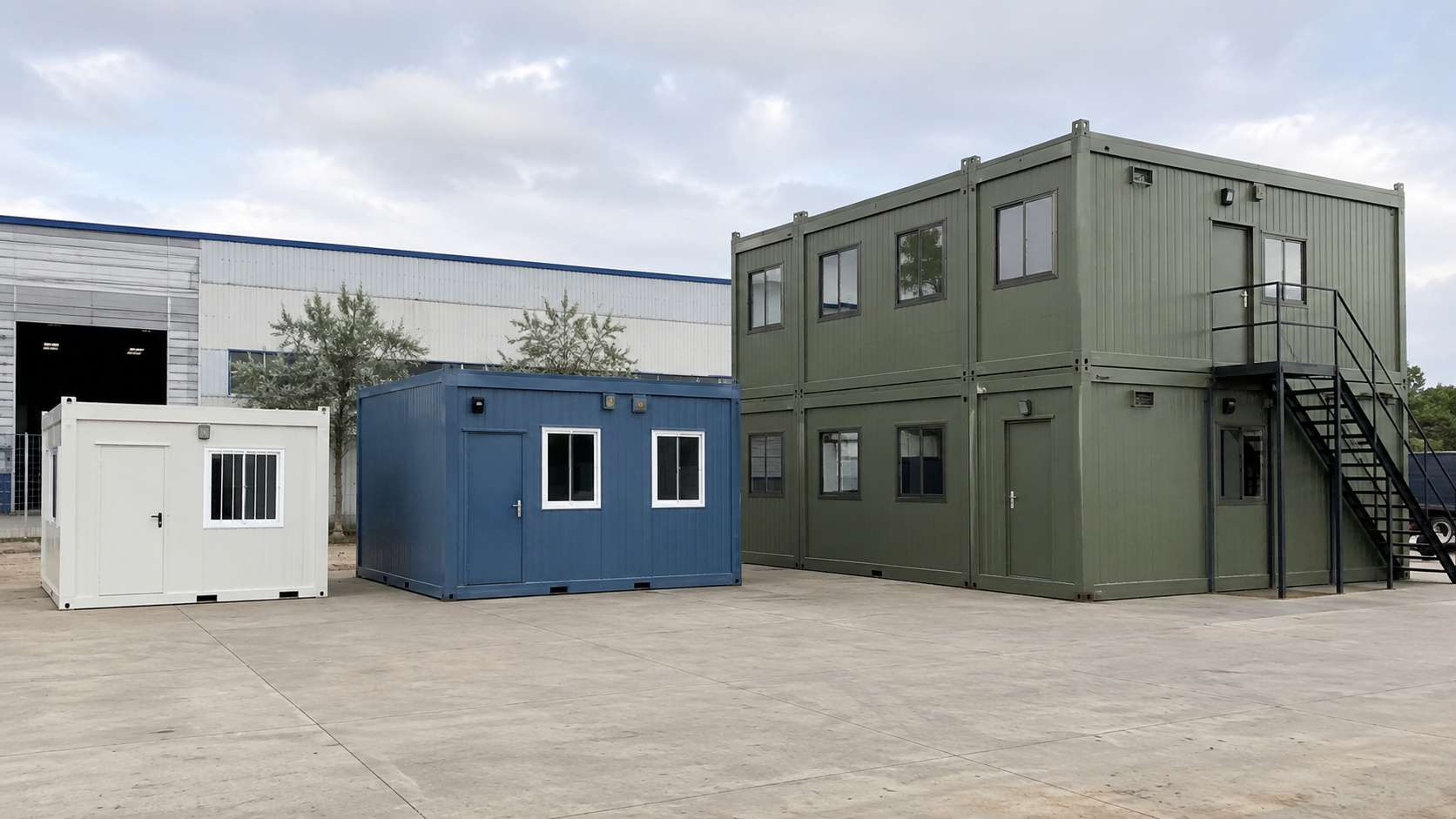Three portable office cabin sizes lined up showing SAMAN's full range.