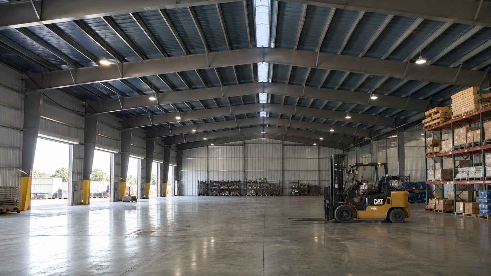 Column-free interior of a pre-engineered steel building with Steel Blue roof purlins and portal-frame rafters.