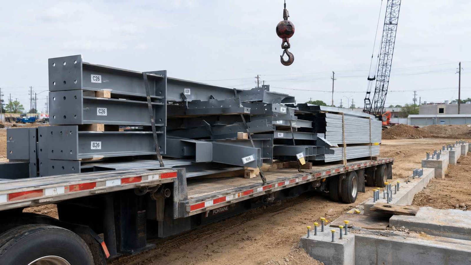 Factory-fabricated pre-engineered building steel components in Steel Grey loaded for delivery to site.
