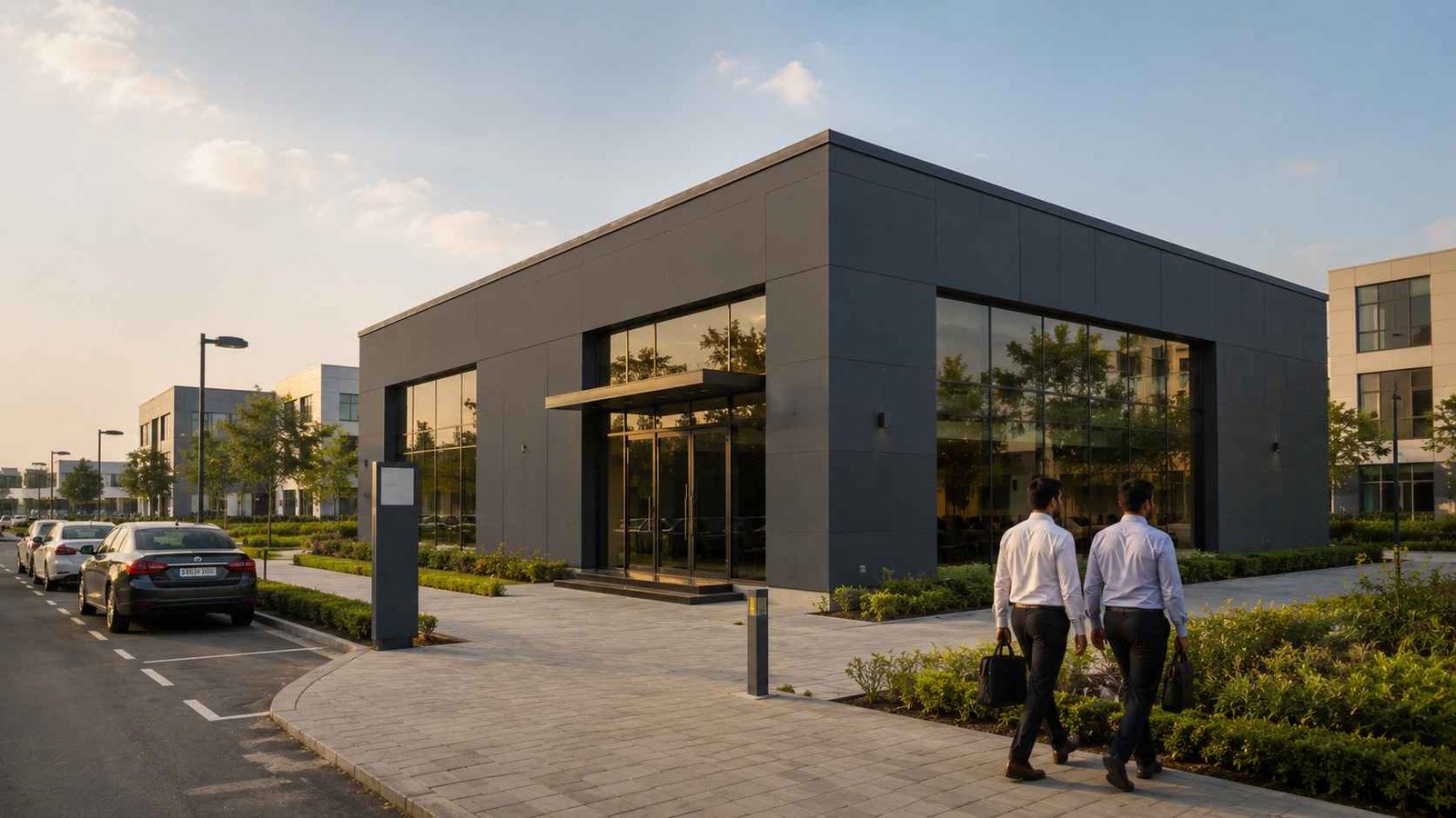 Slate charcoal prefab commercial building at an Indian business park with employees walking past the entrance.
