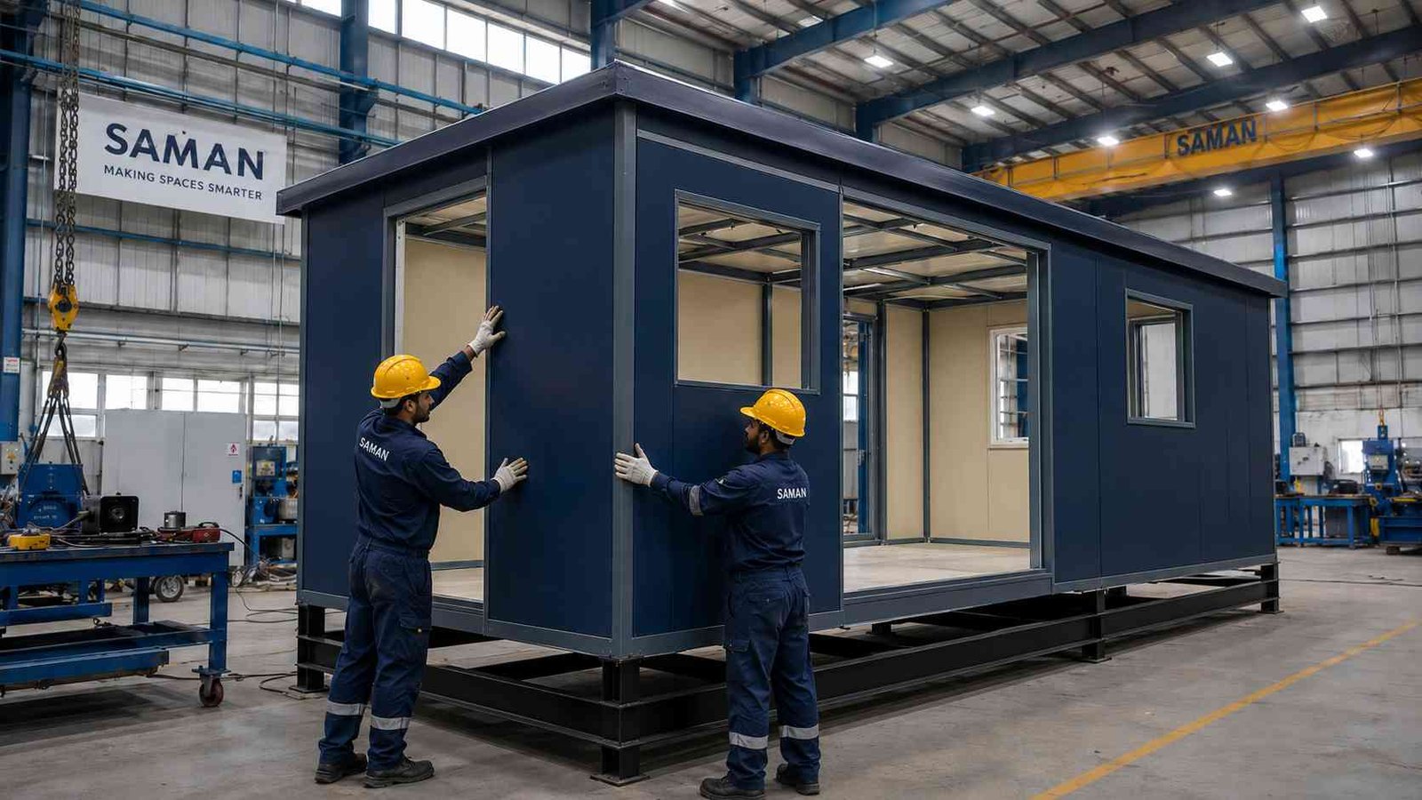A navy blue prefabricated unit being built inside SAMAN's Indian manufacturing factory by workers fitting wall panels.