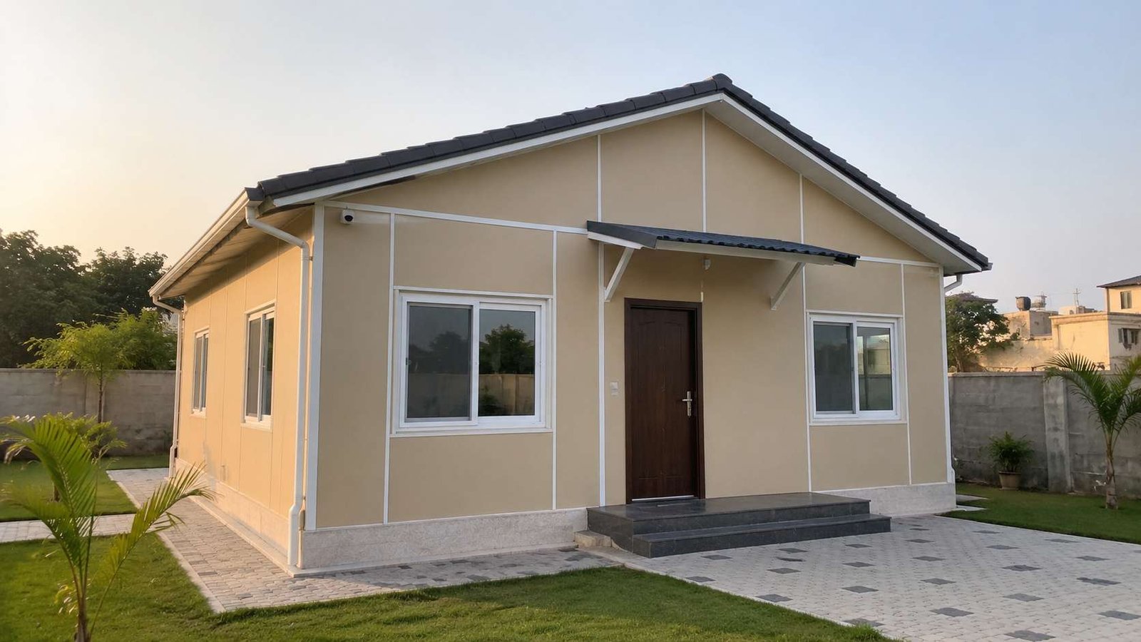 A sandstone beige prefabricated house on a residential plot, built and delivered by SAMAN in India.