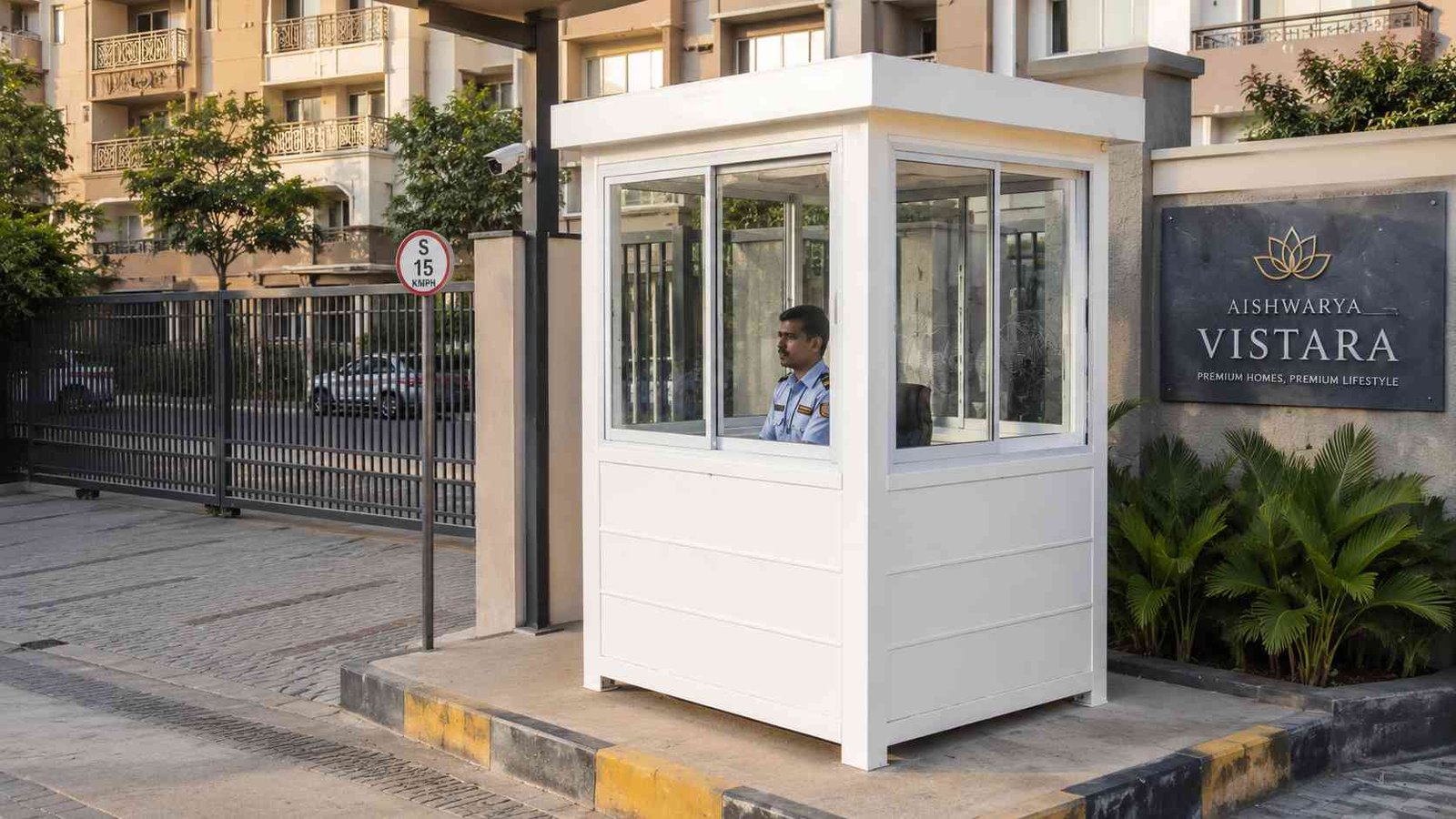 White readymade security cabin at a housing society entrance, guard seated inside watching the gate.