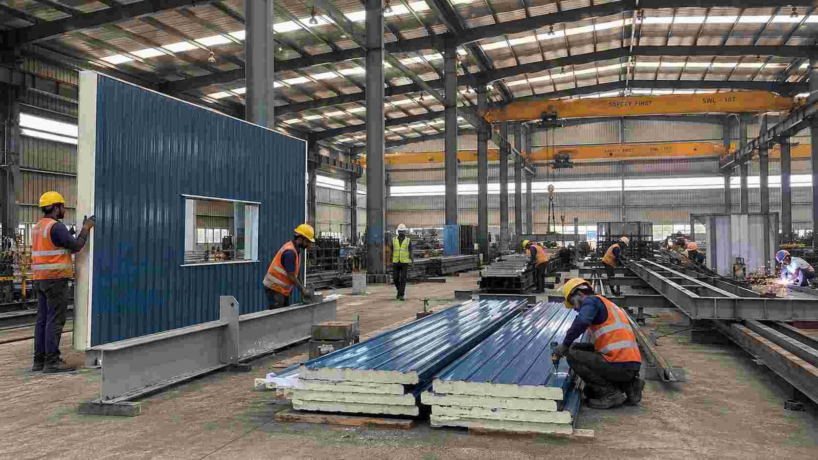Workers fabricating steel-blue shed panels inside SAMAN's own industrial shed manufacturing plant in India.