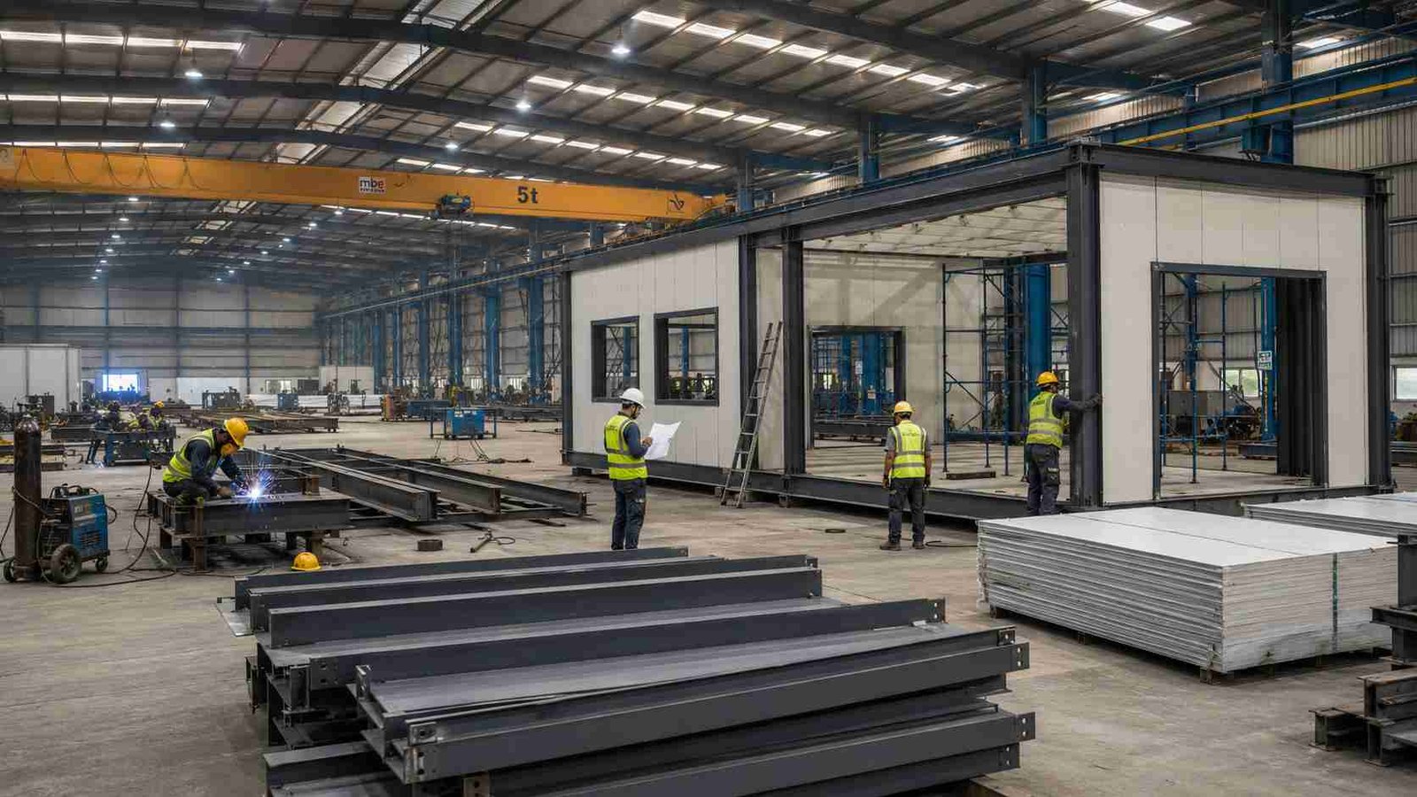 Workers assembling a prefab building structural frame at SAMAN's Bangalore manufacturing facility.