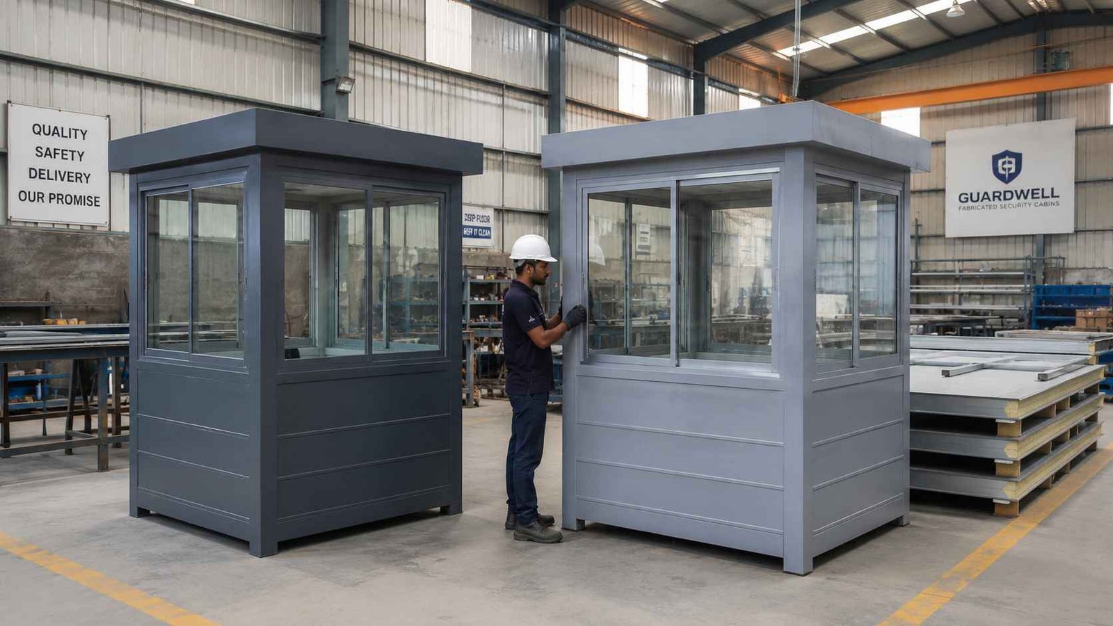  Charcoal and steel-grey SAMAN security cabins being finished on a fabrication factory floor in India.