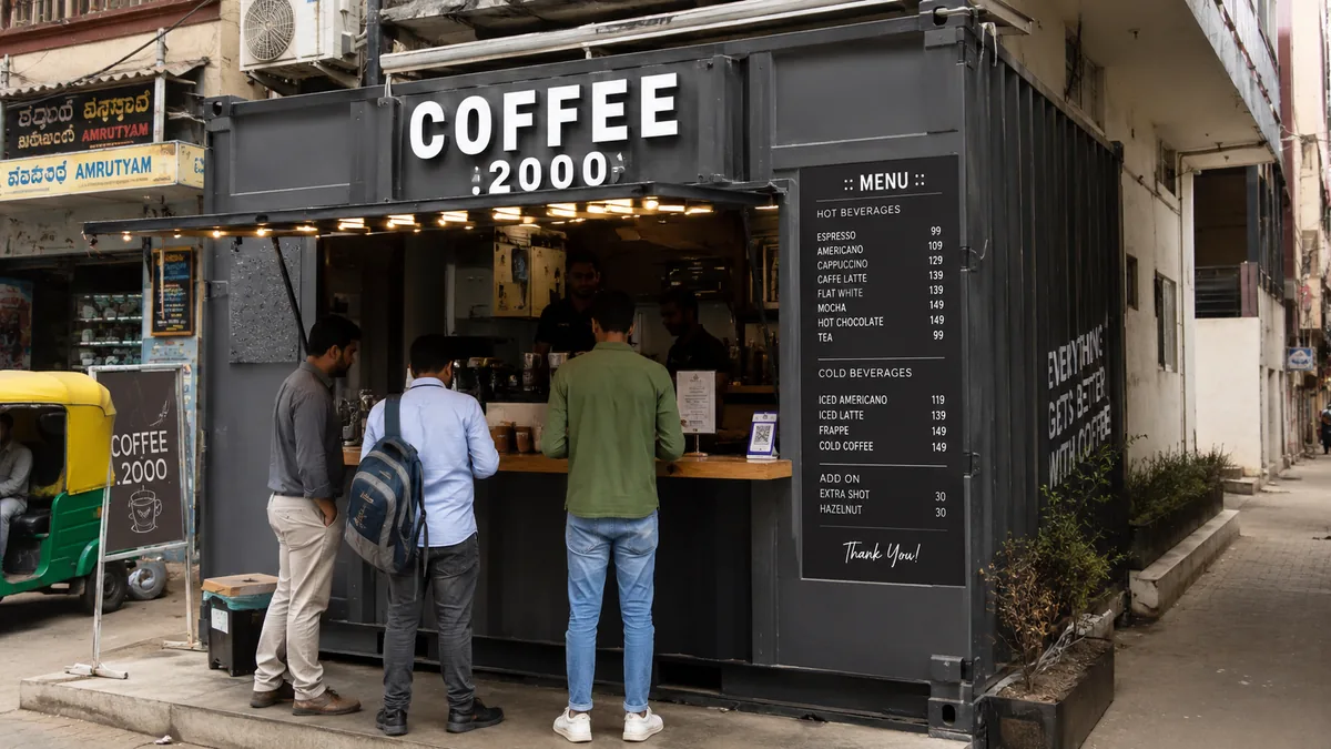 Compact 20 ft container coffee kiosk on a tight North Delhi high-street frontage