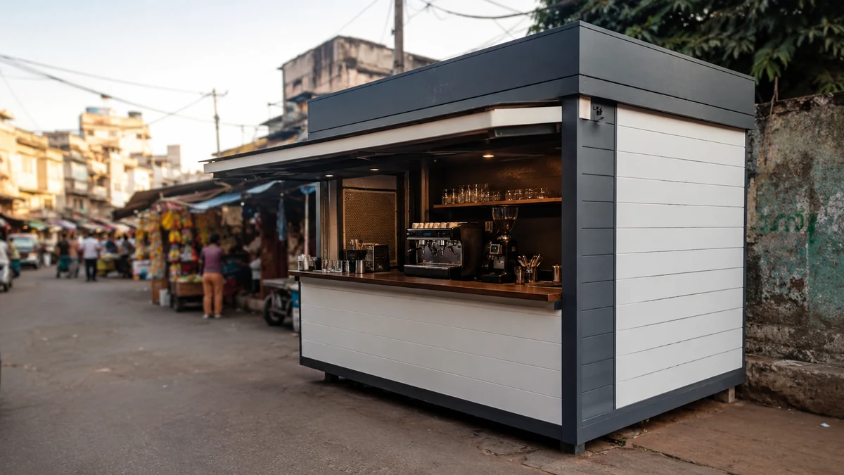 Compact white and grey cafe container kiosk at a busy East Delhi market corner