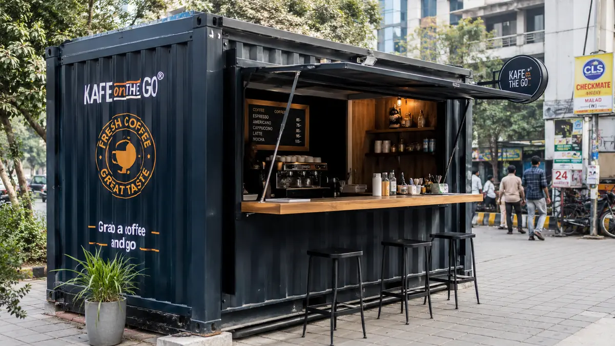 Compact single-unit container cafe with a service counter and a few stools showing real buyer scale.