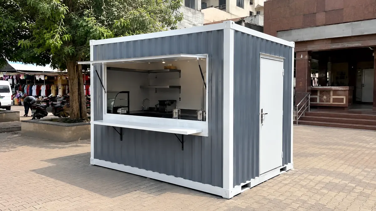 Compact new container cafe kiosk with open serving shutter on a market forecourt.