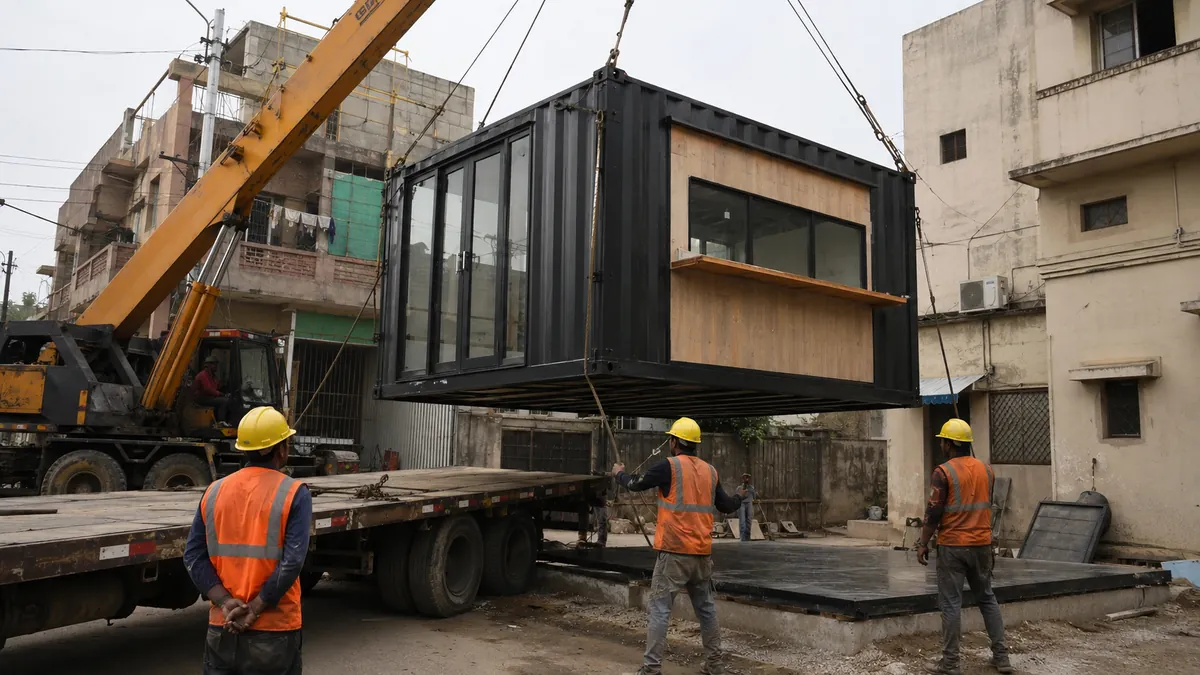 New container cafe unit being positioned by crane on a tight Central Delhi site.