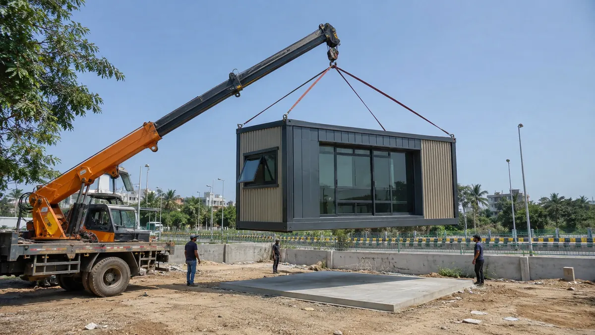 New container cafe unit being craned onto a prepared East Delhi site from a delivery truck