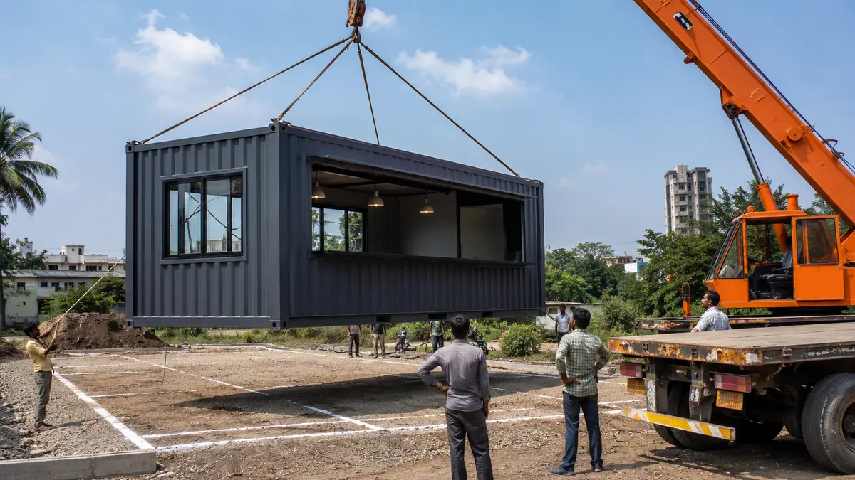 New container cafe unit being placed by crane onto a prepared commercial site for installation.