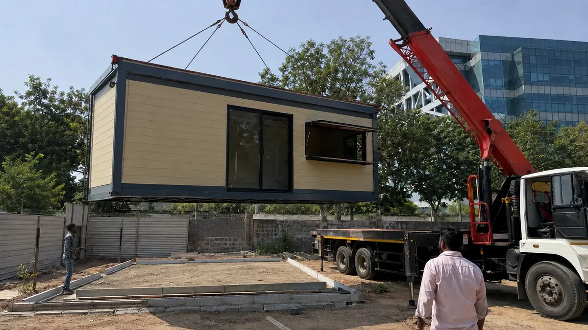 Container cafe being craned onto a South Delhi site during installation