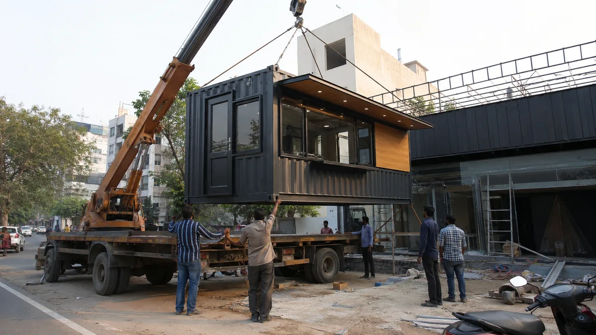 Container cafe unit being craned onto a North Delhi commercial plot from a truck