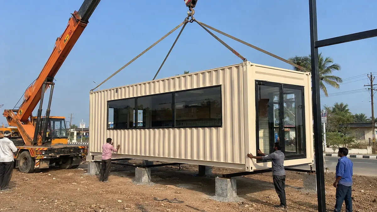 A new container cafe unit craned onto a prepared commercial site in Ghaziabad.