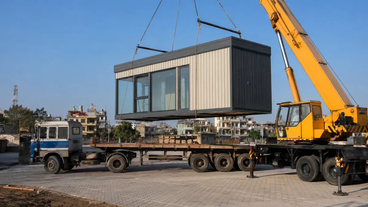 Mobile crane lowering a new container cafe unit onto a prepared Faridabad commercial site