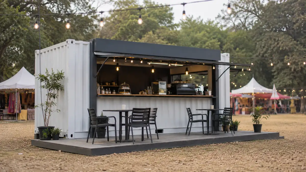 White container cafe on an outdoor market pitch with simple seating and string lights