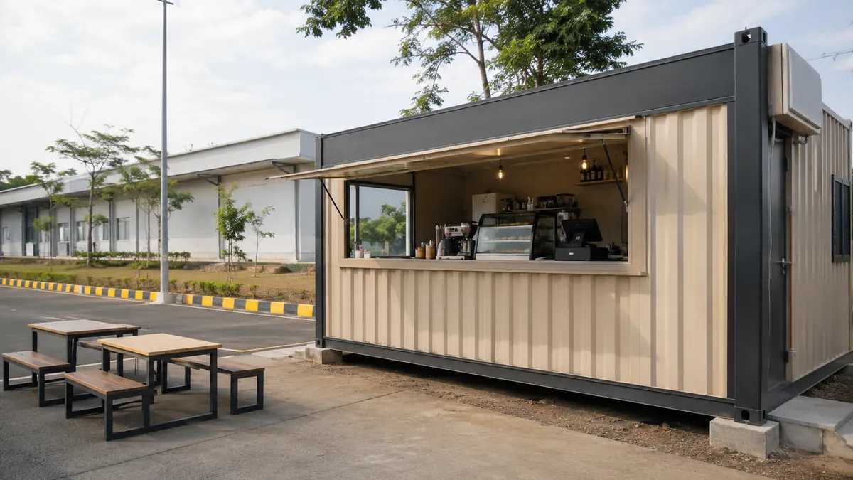 New container cafe used as a canteen at a Greater Noida industrial campus edge.
