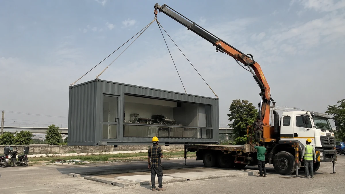 New container cafe unit craned onto a prepared Greater Noida site during installation.