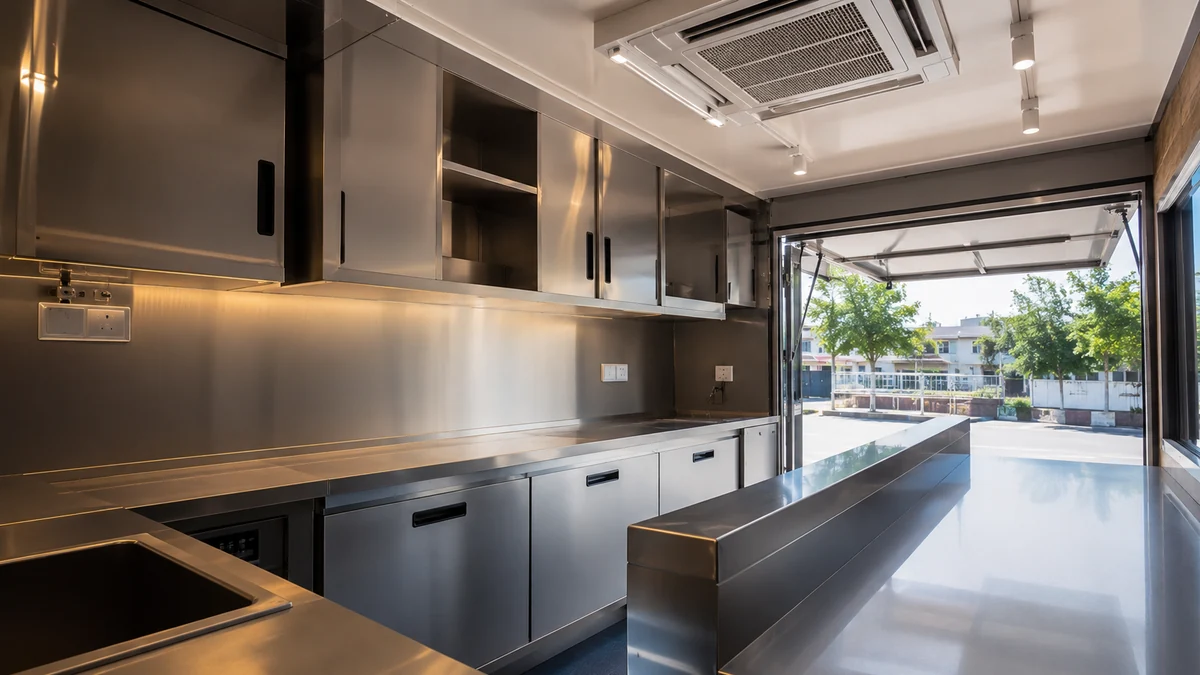 Clean new container cafe interior with serving counter, storage and ventilation.