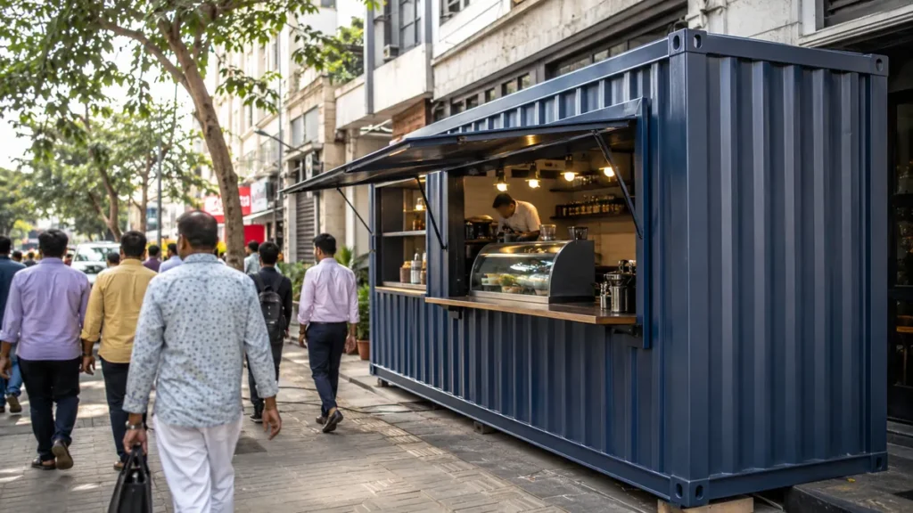 New factory-built container cafe on a busy Central Delhi commercial street near Connaught Place.
