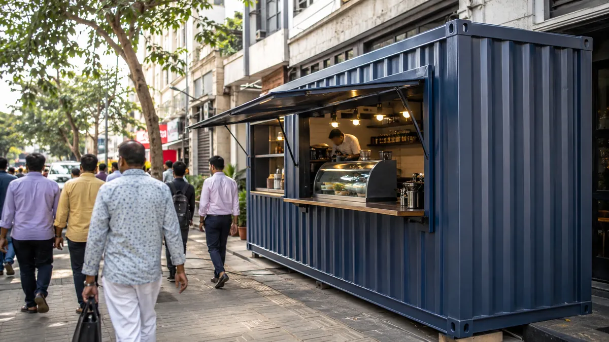 New factory-built container cafe on a busy Central Delhi commercial street near Connaught Place.
