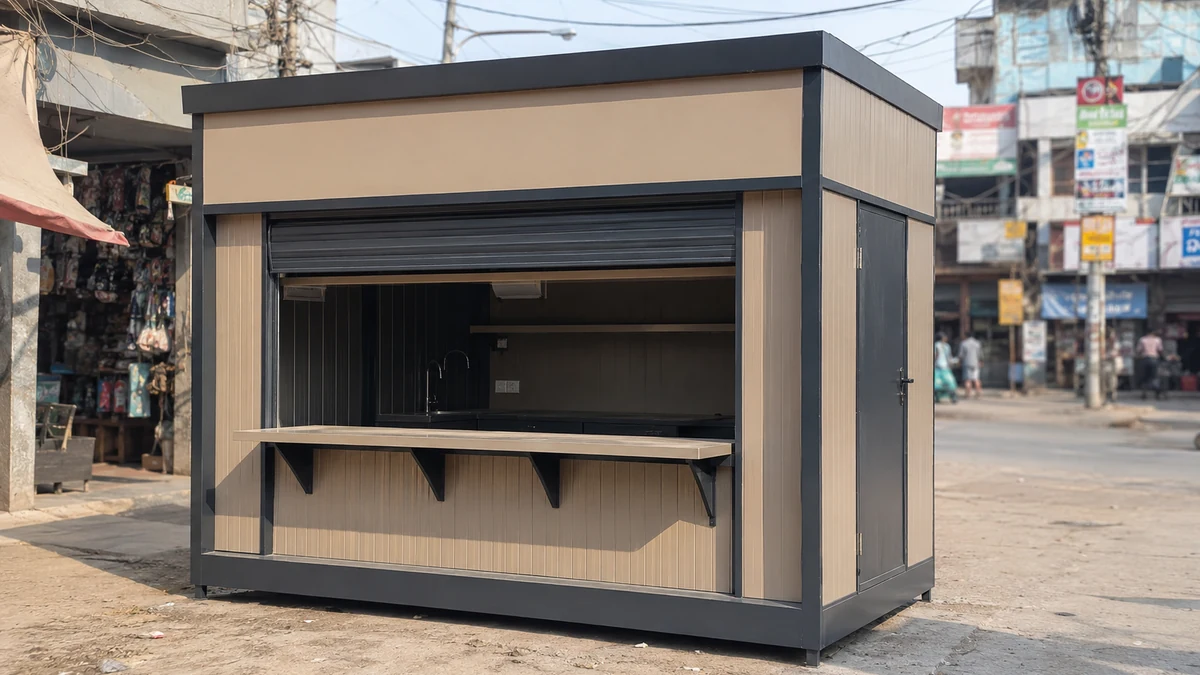 New beige and grey container cafe unit on a busy East Delhi commercial street