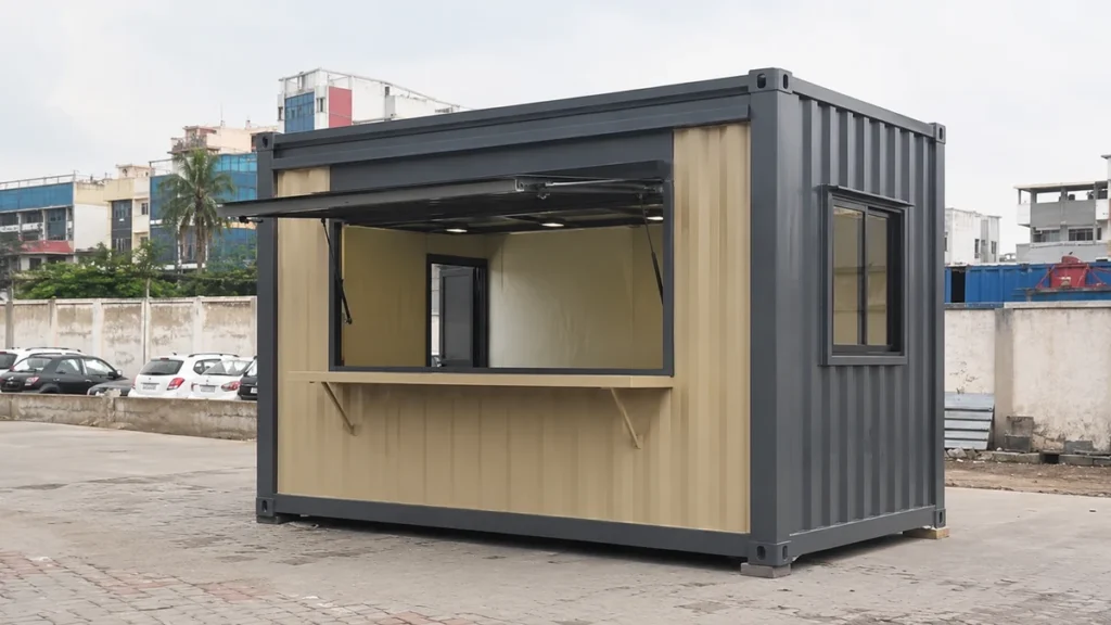 New slate-grey container cafe unit on a Faridabad commercial plot with service counter
