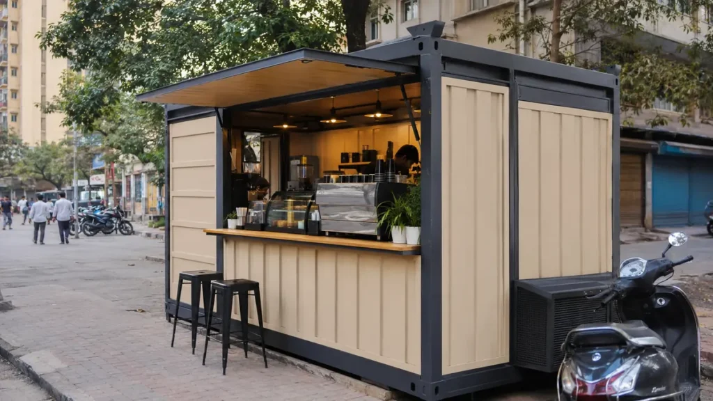 New factory-built container cafe unit on a Ghaziabad commercial street corner in beige and grey.