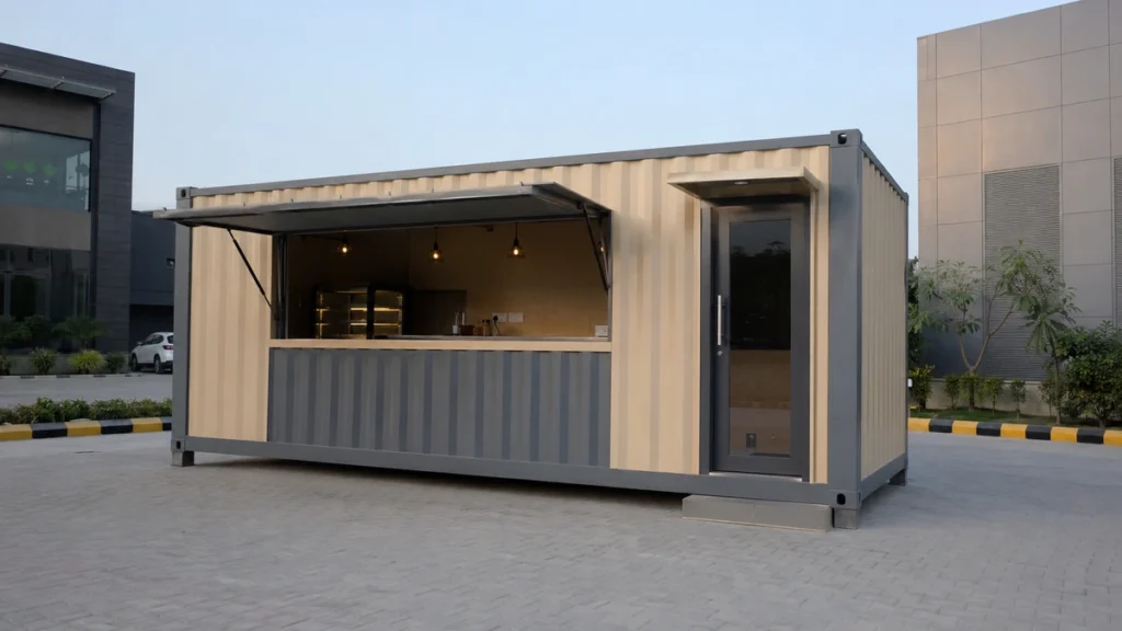 New factory-built container cafe unit on a commercial plot in Greater Noida.