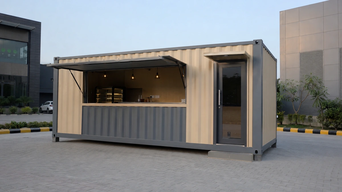 New factory-built container cafe unit on a commercial plot in Greater Noida.