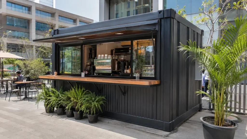 Clean factory-built steel container cafe with glass front and serving counter in an urban Gurgaon commercial setting.