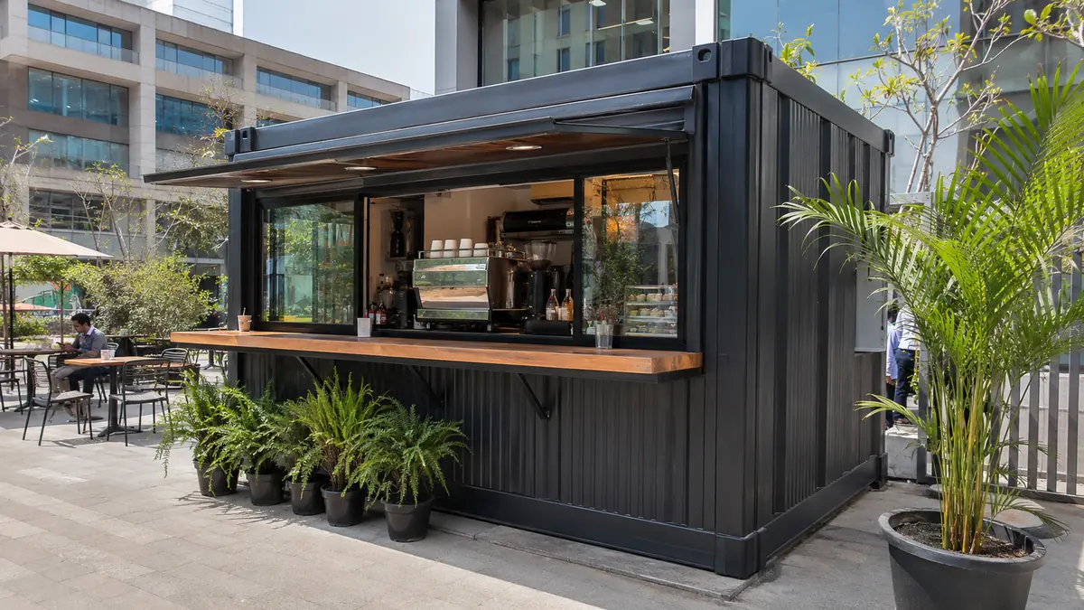 Clean factory-built steel container cafe with glass front and serving counter in an urban Gurgaon commercial setting.