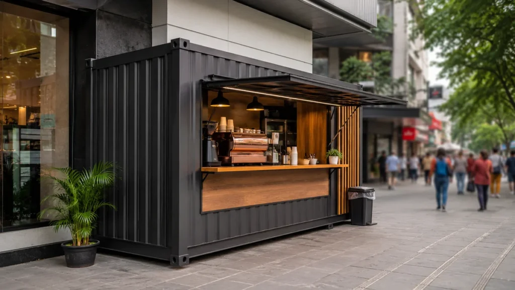 New container cafe unit on a busy Noida urban high-street with daytime footfall