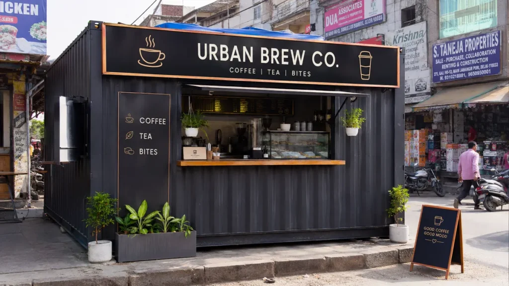 New container cafe on a busy North Delhi market street near North Campus