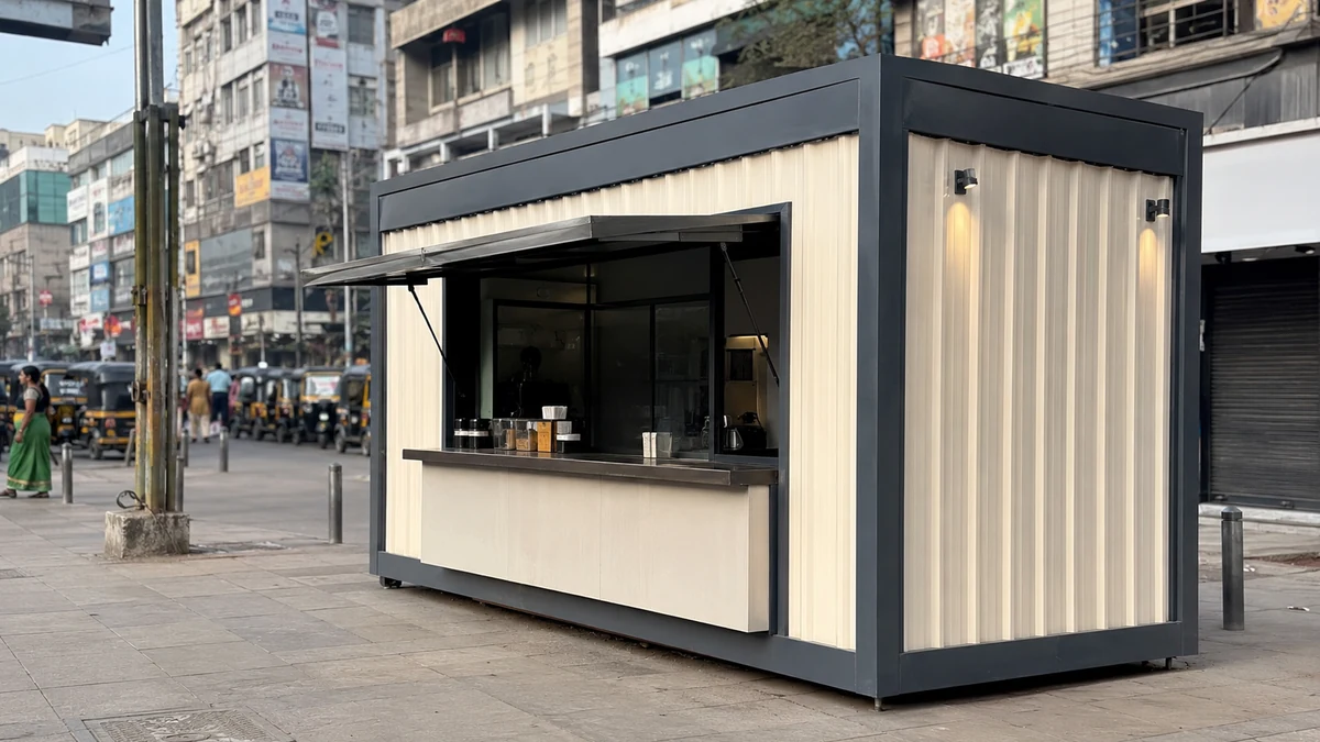 Factory-built container cafe in South Delhi on an urban high-street corner