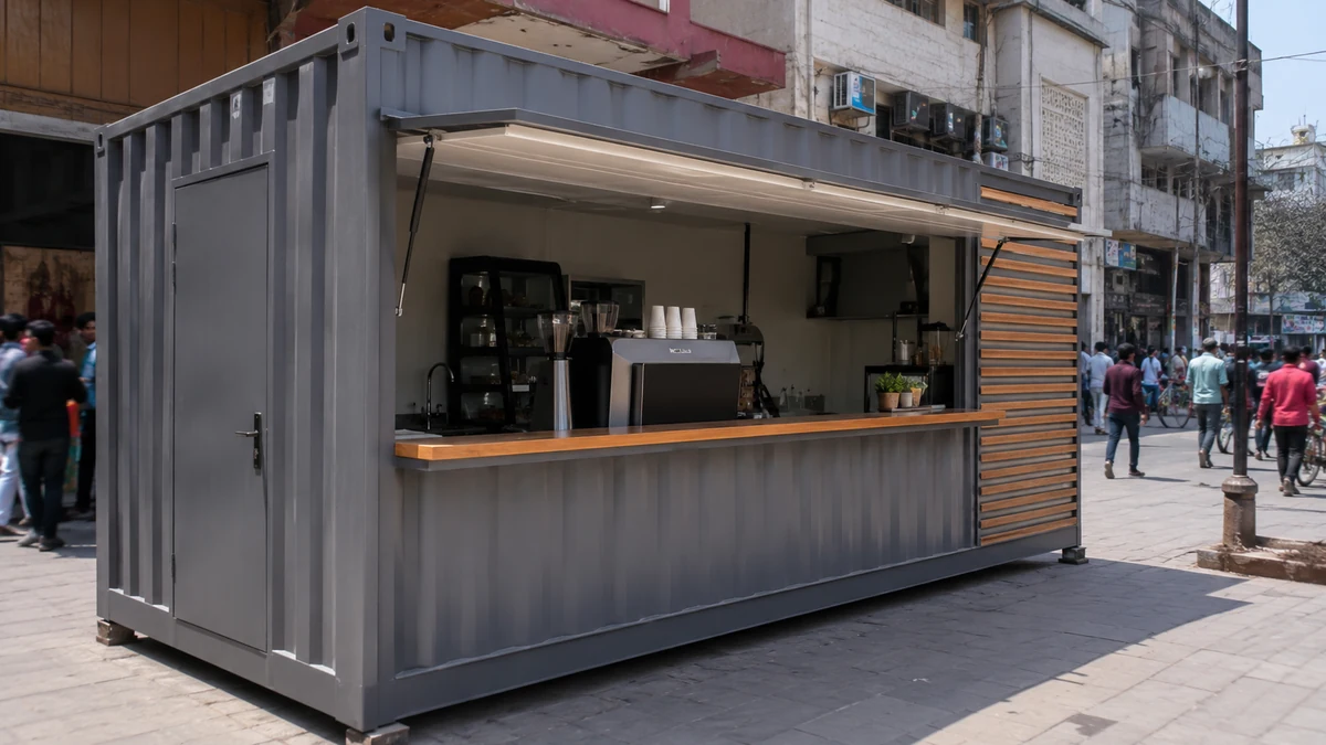 New factory-built container cafe on a West Delhi commercial street with a serving window and clean steel exterior
