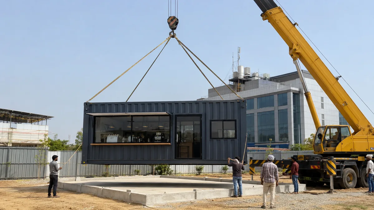 New container cafe unit being lifted and placed at a Noida commercial site
