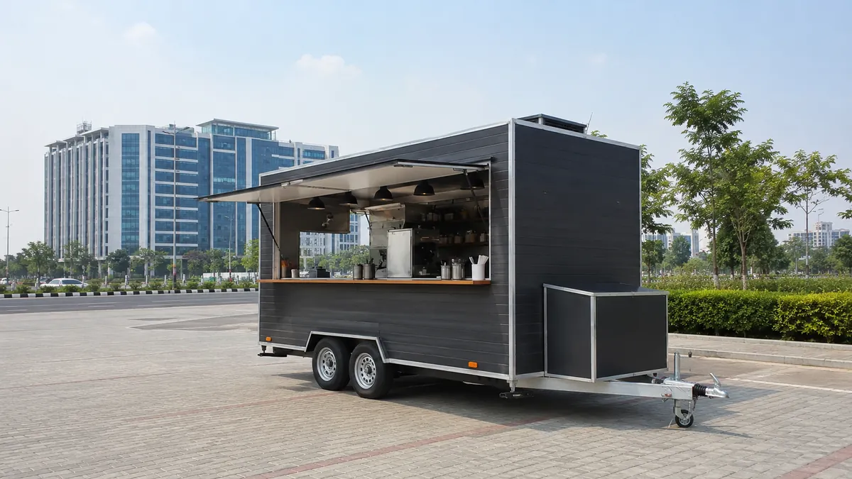 New trailer-mounted food-truck container cafe parked at a Noida expressway-side spot