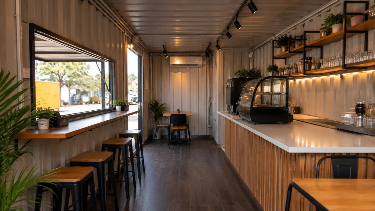 Inside a new modular container cafe with serving counter and compact seating